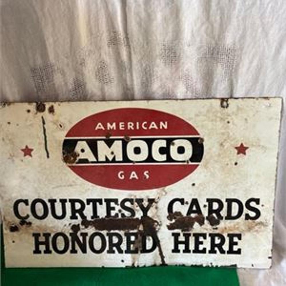 Vintage Amoco Gas Courtesy Cards Honored Here Porcelain Sign Advertising Petrol